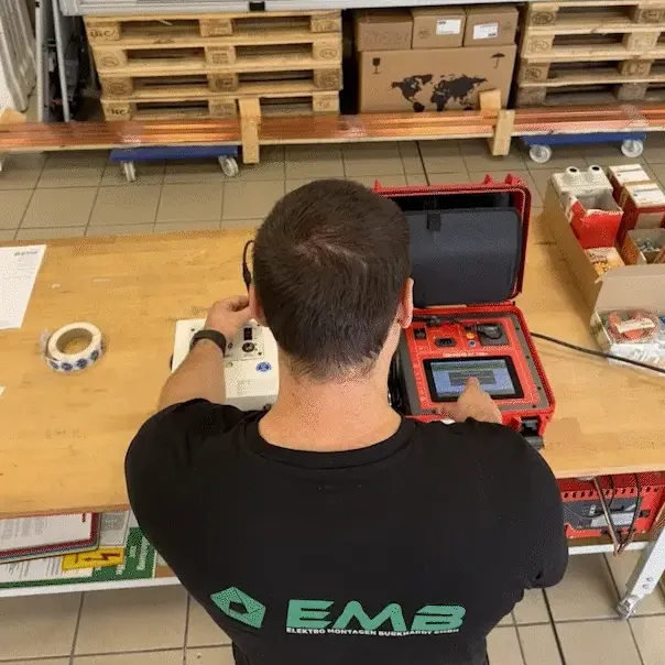 EMB-Mitarbeiter prüft ein elektrisches Betriebsmittel mit einem Gerätetester in der Werkstatt in Neutraubling.