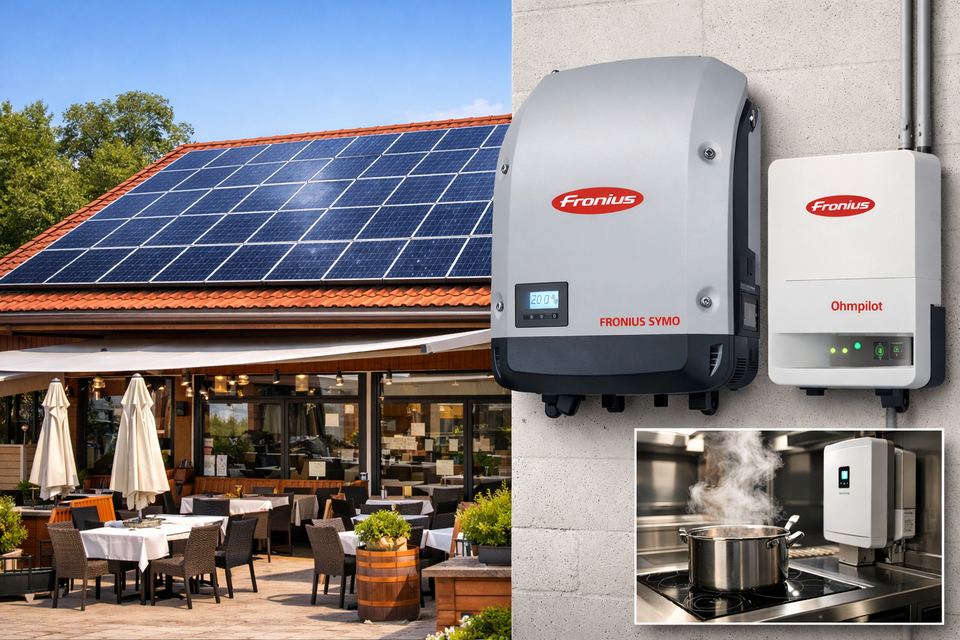 Restaurant mit Solaranlage auf dem Dach, Fronius Symo Wechselrichter und Ohmpilot – PV für Gastronomie
